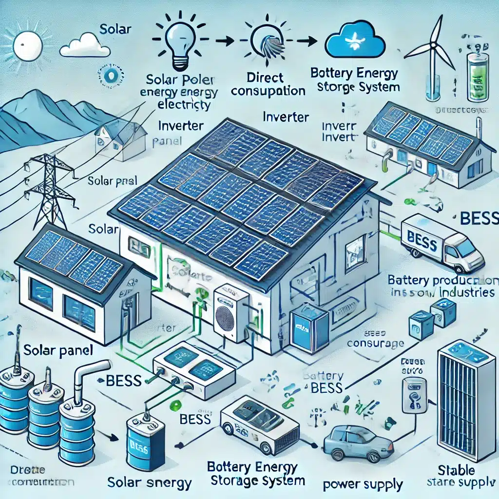 Diagram alur kerja solar panel dan BESS yang memastikan suplai energi stabil sepanjang hari.